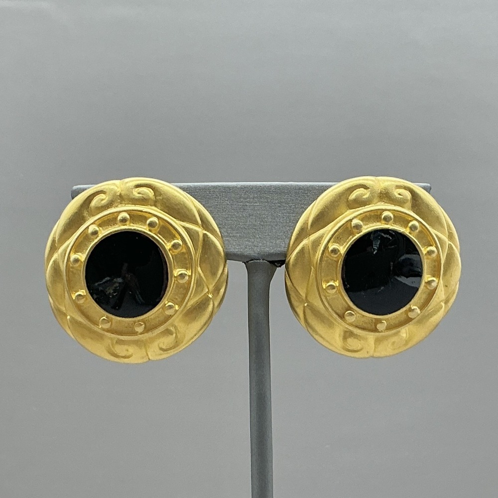 Earrings Gold Tone Black Round Domed Stud Womens Clip On‎ Statement Jewelry